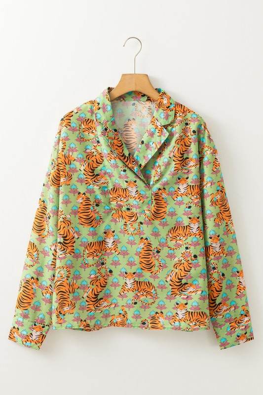 Tiger Floral Printed Collared V Neck Casual Blouse