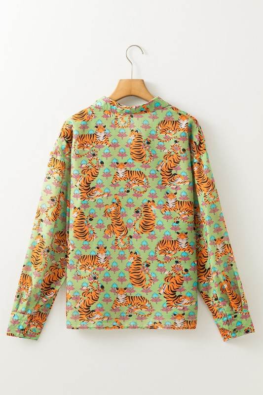 Tiger Floral Printed Collared V Neck Casual Blouse