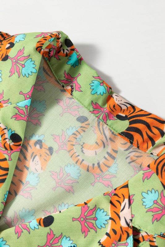 Tiger Floral Printed Collared V Neck Casual Blouse