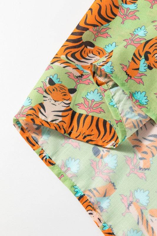 Tiger Floral Printed Collared V Neck Casual Blouse