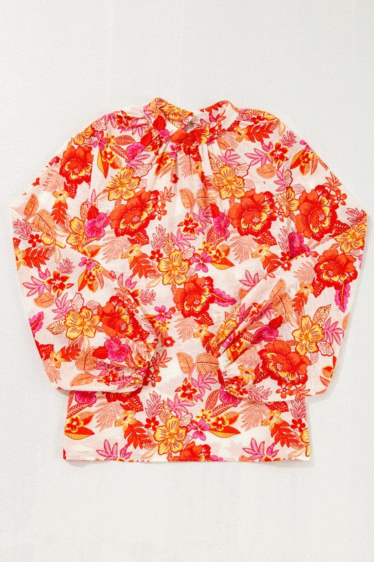 Floral Print Pearl Button Long Puff Sleeve Blouse