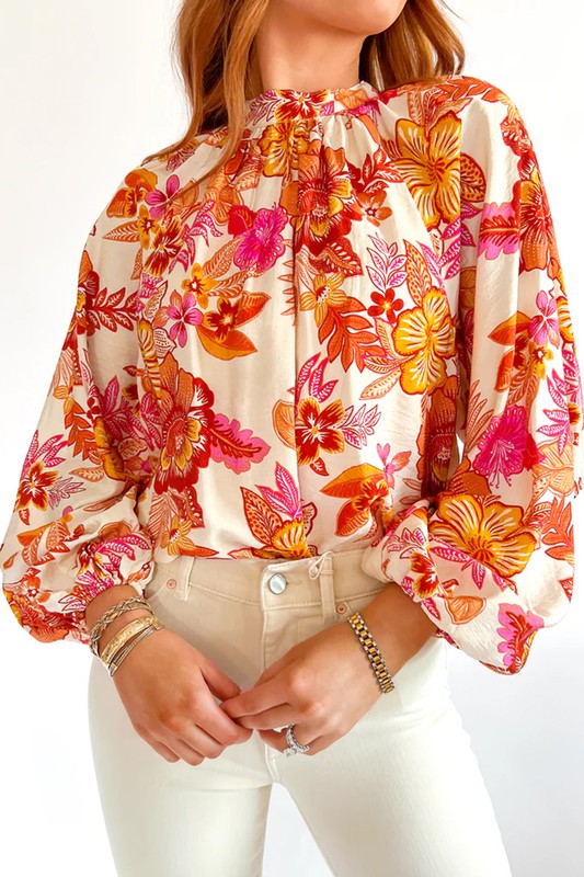 Floral Print Pearl Button Long Puff Sleeve Blouse