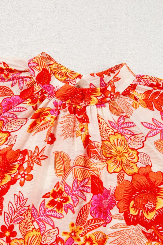 Floral Print Pearl Button Long Puff Sleeve Blouse