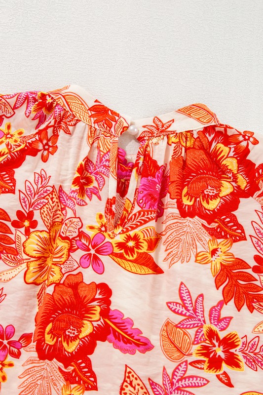 Floral Print Pearl Button Long Puff Sleeve Blouse