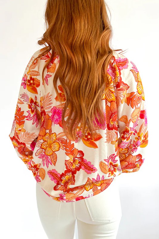 Floral Print Pearl Button Long Puff Sleeve Blouse