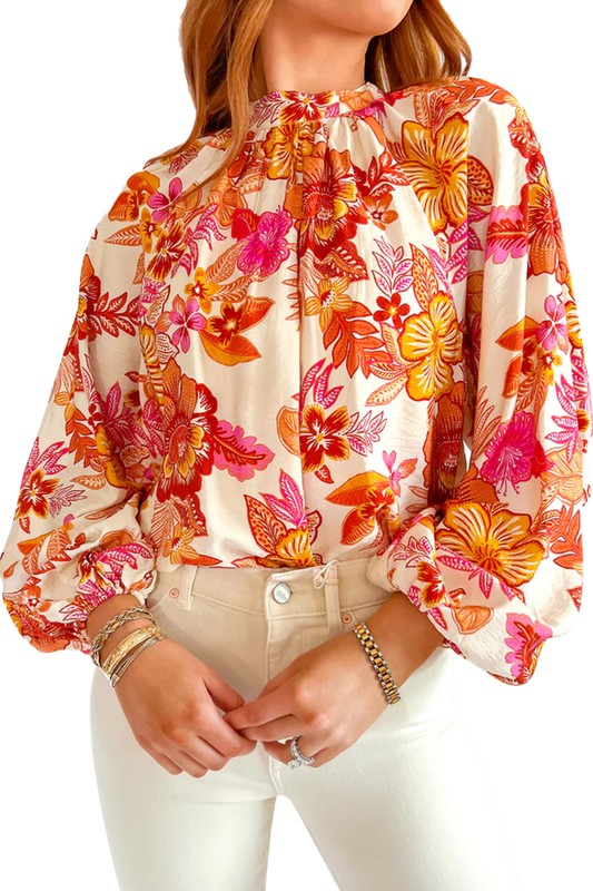 Floral Print Pearl Button Long Puff Sleeve Blouse