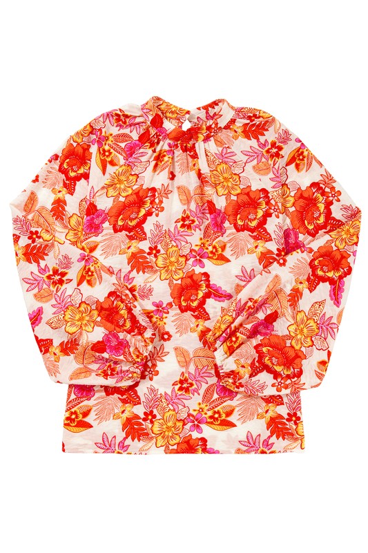 Floral Print Pearl Button Long Puff Sleeve Blouse