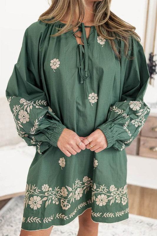 Tie Neck Boho Floral Puff Sleeve Shift Dress