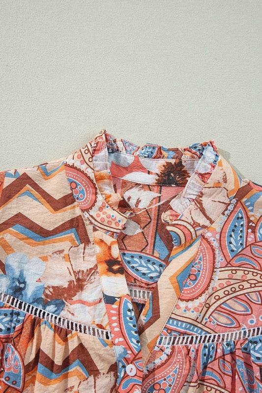 Floral Print Shirred Cuff Buttoned Loose Shirt