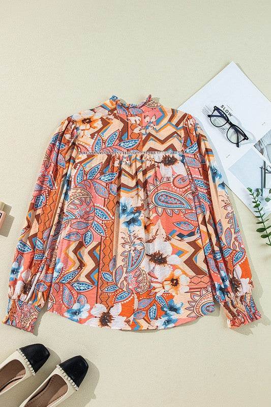 Floral Print Shirred Cuff Buttoned Loose Shirt