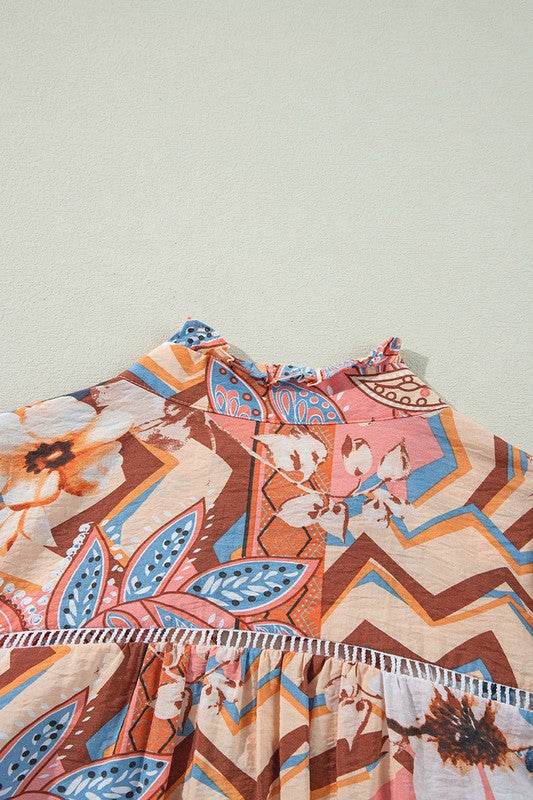 Floral Print Shirred Cuff Buttoned Loose Shirt