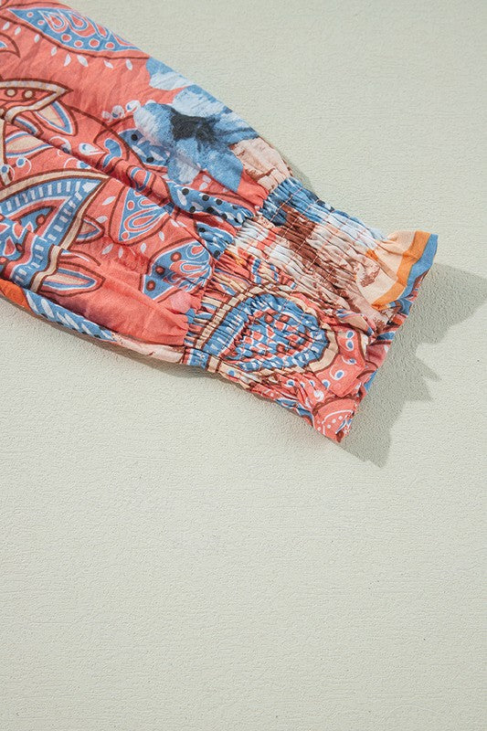 Floral Print Shirred Cuff Buttoned Loose Shirt