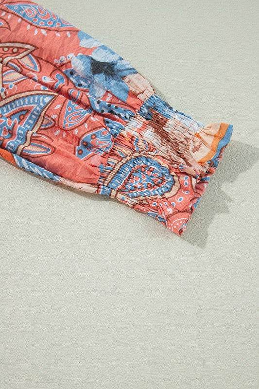 Floral Print Shirred Cuff Buttoned Loose Shirt