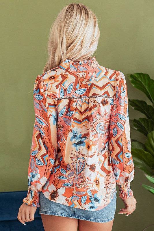 Floral Print Shirred Cuff Buttoned Loose Shirt