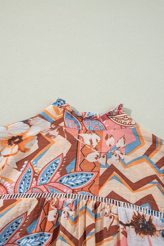 Floral Print Shirred Cuff Buttoned Loose Shirt