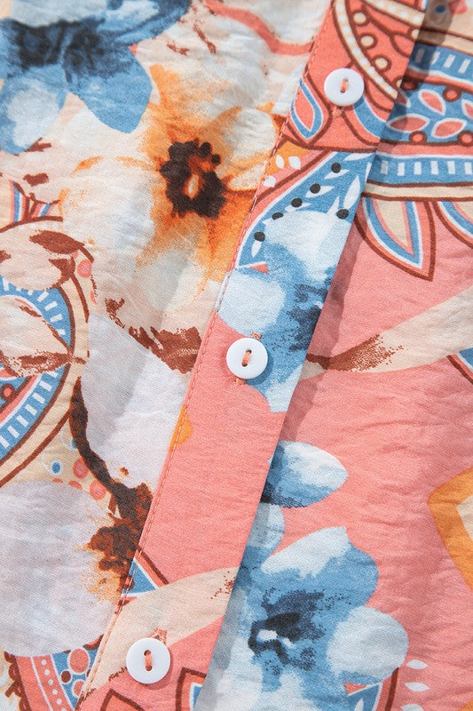 Floral Print Shirred Cuff Buttoned Loose Shirt