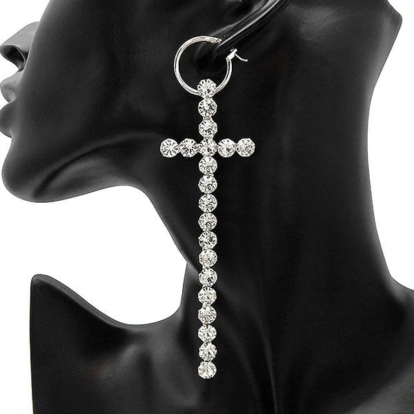 6mm Stone Cross Huggie Hoop Dangle Earrings
