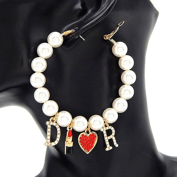 Initial DR Lipstic Heart Dangle Hoop Earrings
