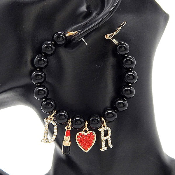 Initial DR Lipstic Heart Dangle Hoop Earrings