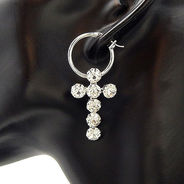 6mm Bold Rhinestone Huggie Hoop Cross Earrings