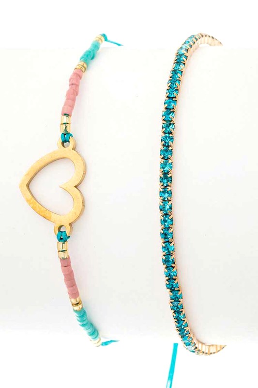 Heart Charm Rhinestone 2 In 1 Bracelet Set