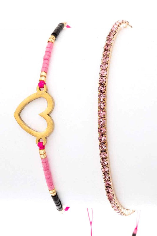 Heart Charm Rhinestone 2 In 1 Bracelet Set