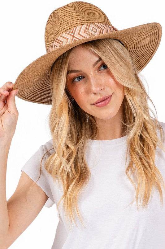 Aztec Jacquard Ribbon Straw Fedora Hat