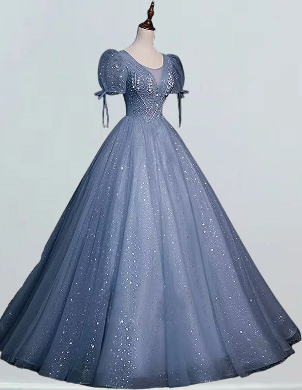 Women's Blue Tulle Prom Gown with Lace Applique | Scoop Neck Evening Dress