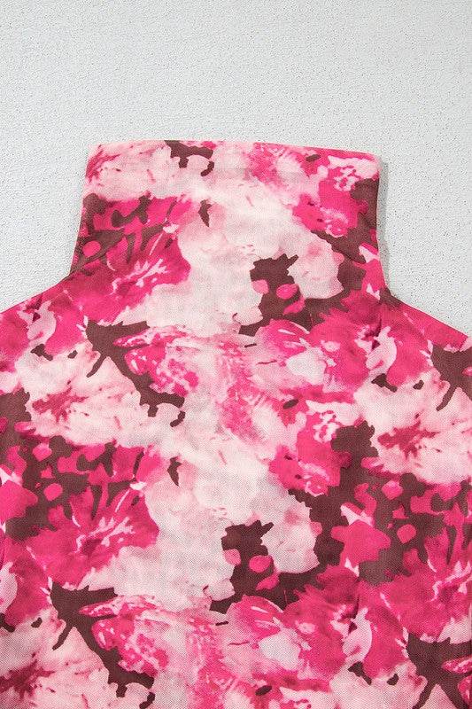Rose Floral Mesh Flounce Sleeve Mock Neck Blouse