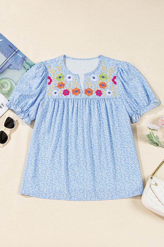 Floral Puff Sleeve Notched V Neck Blouse