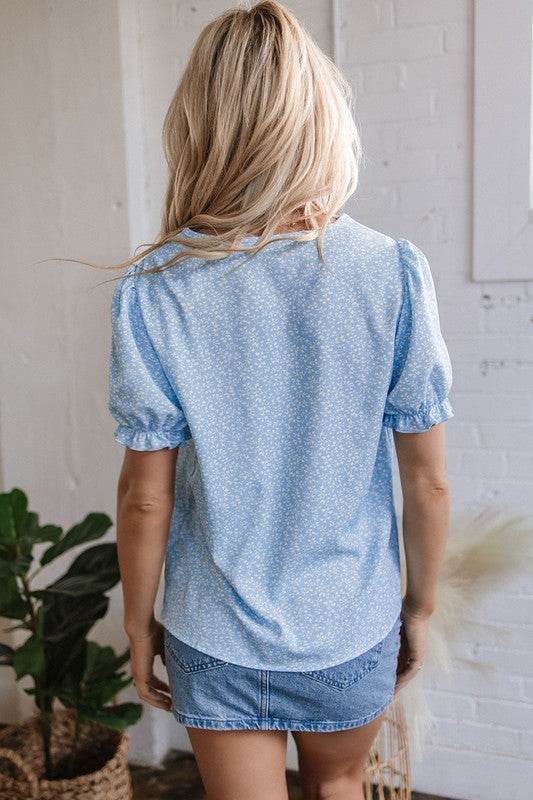 Floral Puff Sleeve Notched V Neck Blouse
