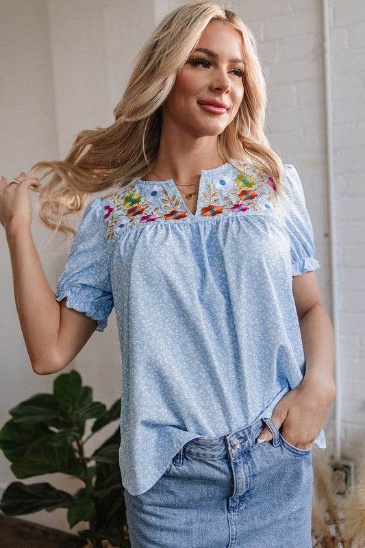 Floral Puff Sleeve Notched V Neck Blouse