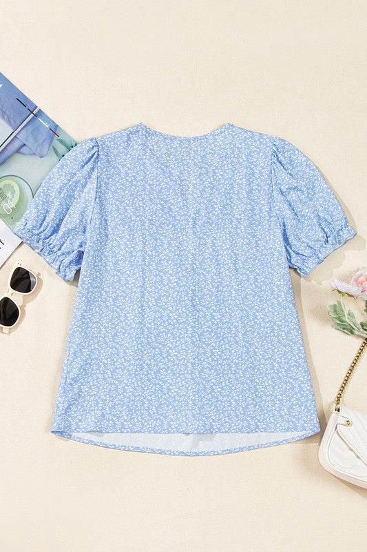 Floral Puff Sleeve Notched V Neck Blouse