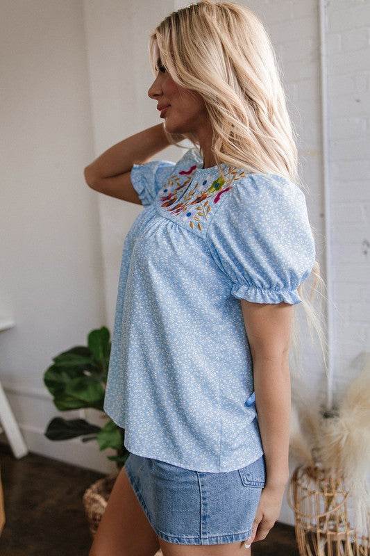 Floral Puff Sleeve Notched V Neck Blouse