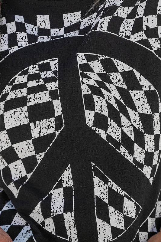 Checkerboard Peace Sign Printed Round Neck T Shirt