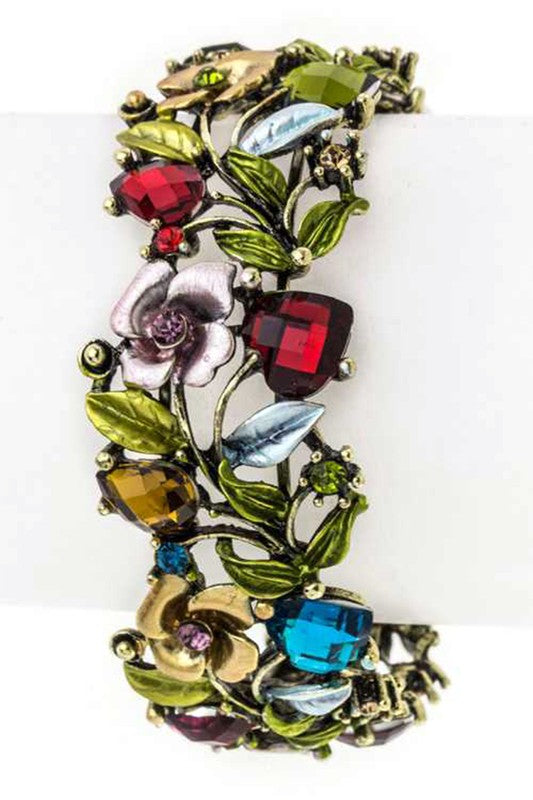 Mix Crystals Leaf Open Bangle - Wide
