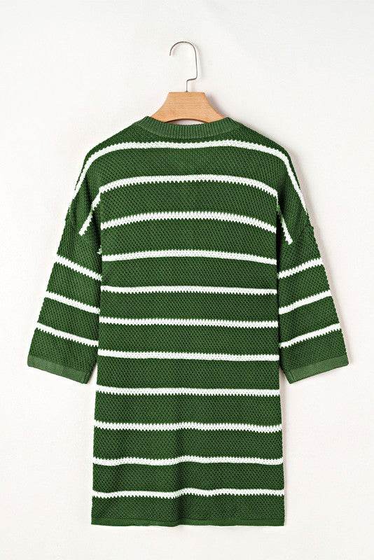 Stripe Drop Shoulder Oversized Henley Knit Tee