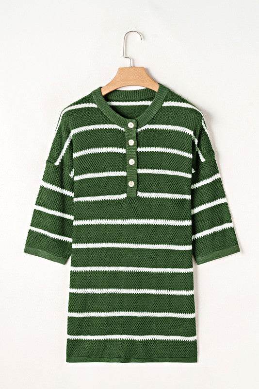 Stripe Drop Shoulder Oversized Henley Knit Tee