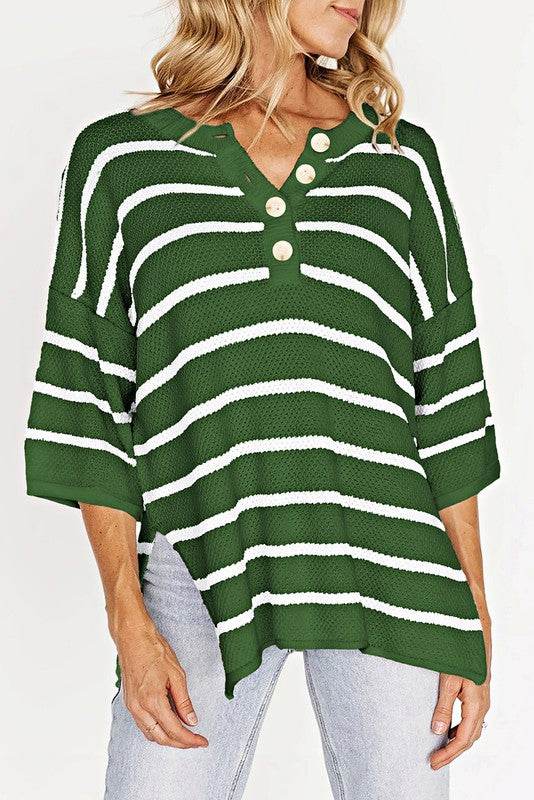 Stripe Drop Shoulder Oversized Henley Knit Tee