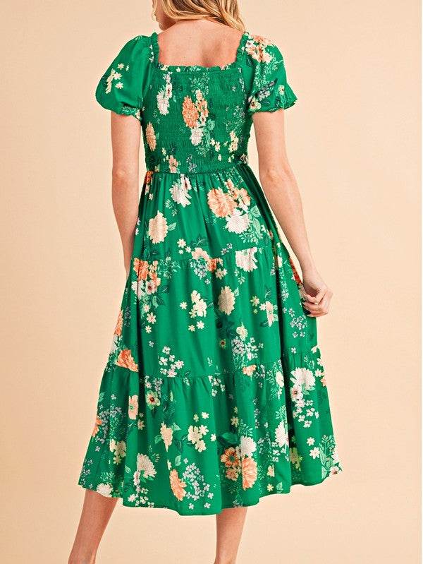 Green Floral Bubble Smocked Tiered Midi Dress
