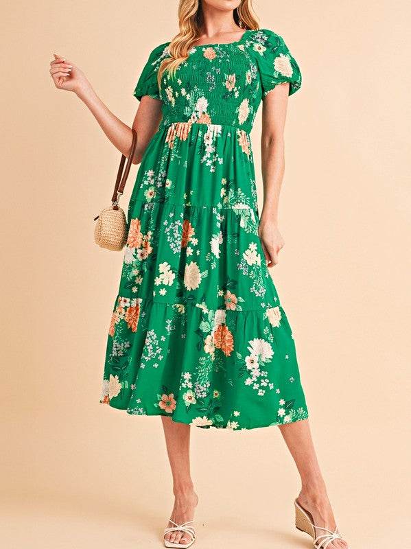 Green Floral Bubble Smocked Tiered Midi Dress