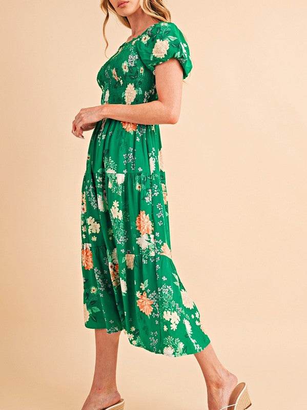 Green Floral Bubble Smocked Tiered Midi Dress