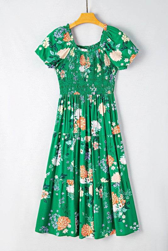 Green Floral Bubble Smocked Tiered Midi Dress