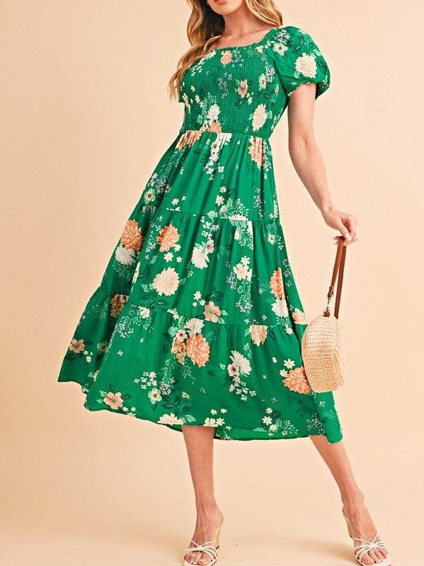 Green Floral Bubble Smocked Tiered Midi Dress