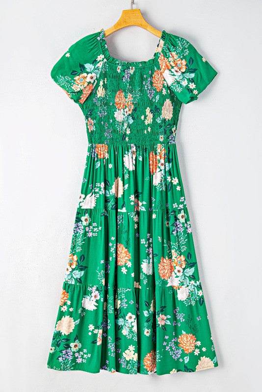 Green Floral Bubble Smocked Tiered Midi Dress