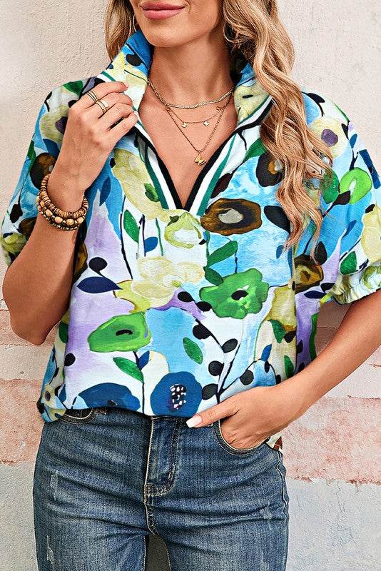 Floral Boho Shirred Bubble Viscose Stripe Blouse