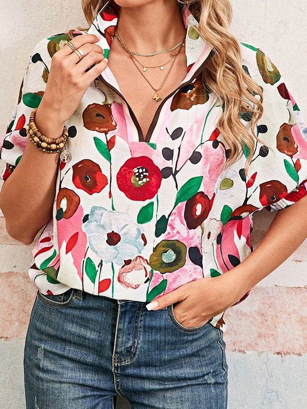 Floral Boho Shirred Bubble Viscose Stripe Blouse