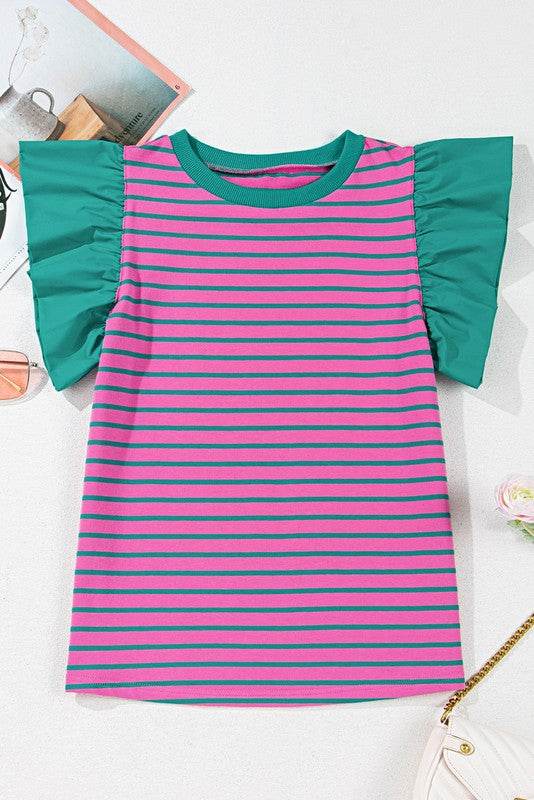 Pink Stripe Colorblock Ruffled  Cotton Blouse Top
