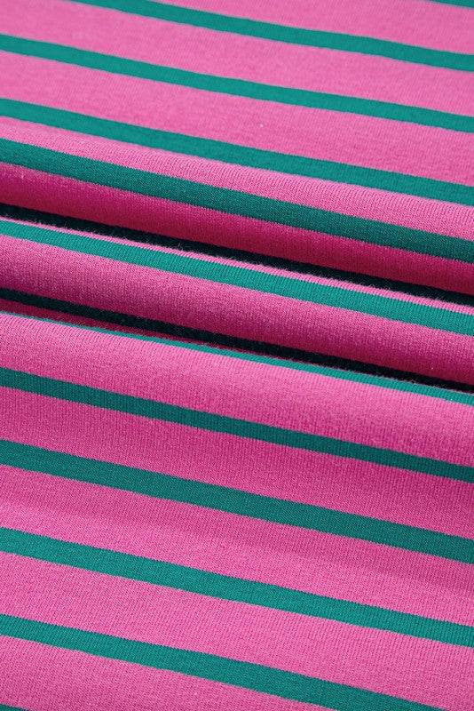 Pink Stripe Colorblock Ruffled  Cotton Blouse Top
