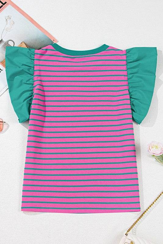 Pink Stripe Colorblock Ruffled  Cotton Blouse Top
